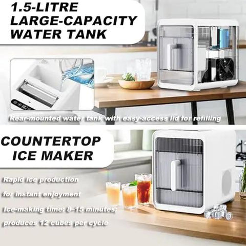 Hassle Free Self Cleaning Countertop Ice Maker Making Chunky Ice In Ten Minutes Flat Portable One Point Five Liter Setup with large water tank.