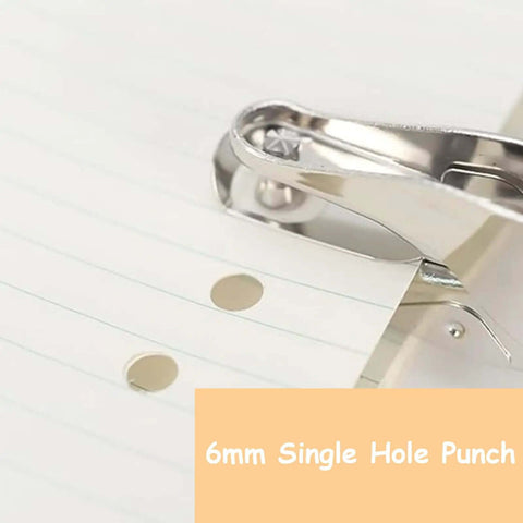 Handheld 6mm Circle Hole Punch Single Hole Puncher Metal Craft Punch Tool in use on paper, showing 6mm hole and non-slip grip