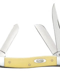 Dang Tough Yellow Synthetic Handle Stockman Pocket Knife With Clip Spey And Sheepfoot Chrome Vanadium Steel Blades shown open with three blades.