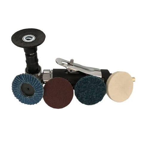 Straight Shot 1/4 Inch Air Angle Die Grinder With 90 Degree Powerhead And Four Collets, showing various grinding discs for metal work.