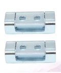 Front view of two silver zinc-plated cabinet hinge blocks with two mounting holes.