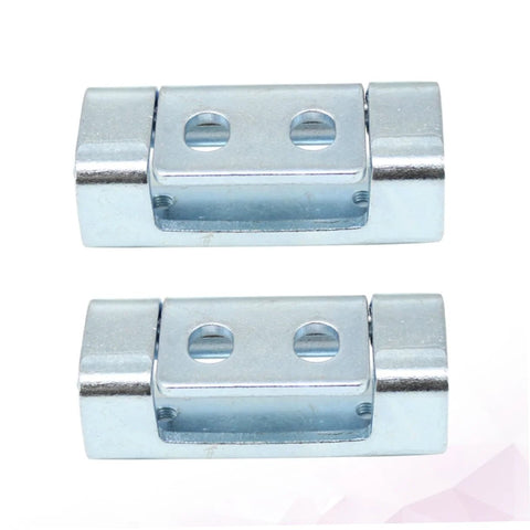 Front view of two silver zinc-plated cabinet hinge blocks with two mounting holes.