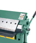 Close-up of Beefy 48 Inch Sheet Metal Pan and Box Brake for 16 Gauge Steel and 11 Gauge Aluminum with adjustable box fingers.