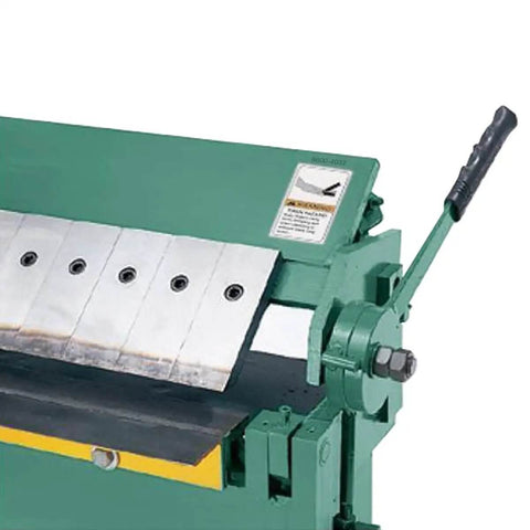 Close-up of Beefy 48 Inch Sheet Metal Pan and Box Brake for 16 Gauge Steel and 11 Gauge Aluminum with adjustable box fingers.