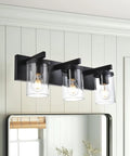 Modern 3 Light Vanity Light Fixture in Black With Clear Glass Shades for Bathroom Wall Over Mirror Rustic Farmhouse Sconce