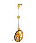 LXMJNCJP Measuring Wheel Double Folding Accurate 0-9999.9m Portable Distance Measuring Wheel standing upright with yellow wheel.