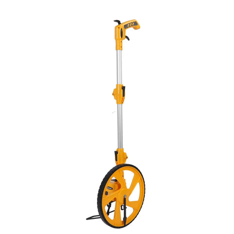 LXMJNCJP Measuring Wheel Double Folding Accurate 0-9999.9m Portable Distance Measuring Wheel standing upright with yellow wheel.