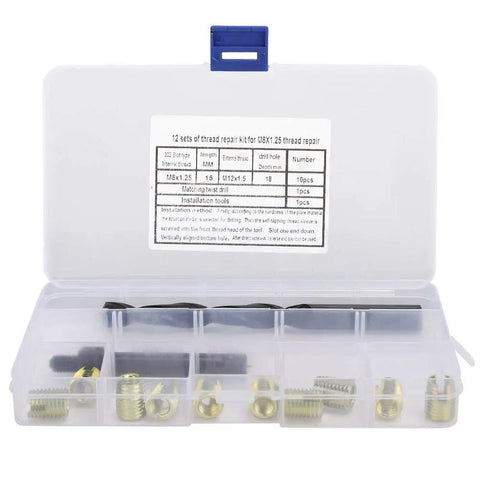 12 Piece M8 X 1.25 Thread Repair Kit With Self Tapping Inserts For Automobiles Rail Cars Home Appliances And Machinery DIY Friendly Durable Easy To Use For Fixing Stripped Threads In Metal Plastic. Plastic case with compartments showing inserts and tools.