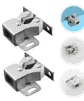 Stainless Steel Ball Catch Door Hardware For Cabinets And Cupboards Smooth Effortless Opening And Closing Easy To Install Silver Roller Catch Kit 15 Piece Cabinet Latch Set, shown in two different angles with a focus on the dual-wheel design.