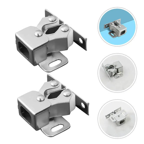 Stainless Steel Ball Catch Door Hardware For Cabinets And Cupboards Smooth Effortless Opening And Closing Easy To Install Silver Roller Catch Kit 15 Piece Cabinet Latch Set, shown in two different angles with a focus on the dual-wheel design.