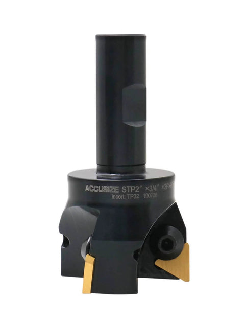 Front view of Accusize indexable end mill with TPg32 carbide inserts, 2in dia, 3/4in shank