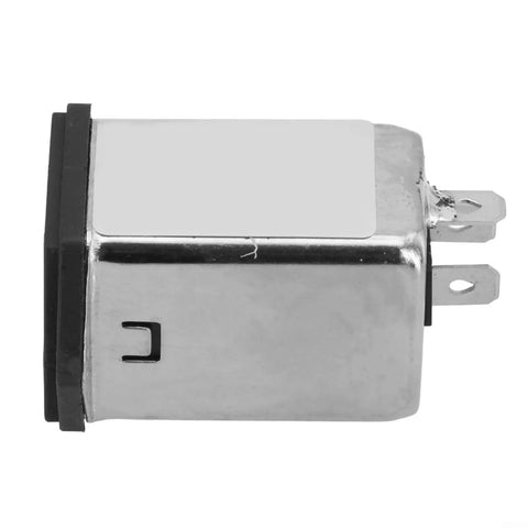 IEC Input Module With EMI Filter And Fuse 250V AC 10A Power Outlet For Industrial Electronics Office And Test Equipment Noise Suppression Component CW2A/AR Great For Pro Shops And Labs In Real World Use. Side view of metal IEC input module with two terminals.