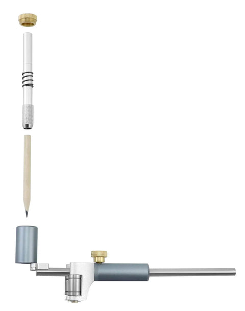 Adjustable Wheel Marking Gauge For Woodworking And Slick Rolling Stainless Steel Scriber, disassembled view with pencil and aluminum frame.