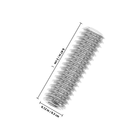 Close-up of a single screw from the 10 Piece Cone Point Grub Screws Set Socket Thread Assortment Kit with metric measurements