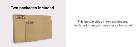 Two cardboard packages labeled with Rocelco for 46 Inch Height Adjustable Standing Desk Converter With USB Charger And Anti Fatigue Mat