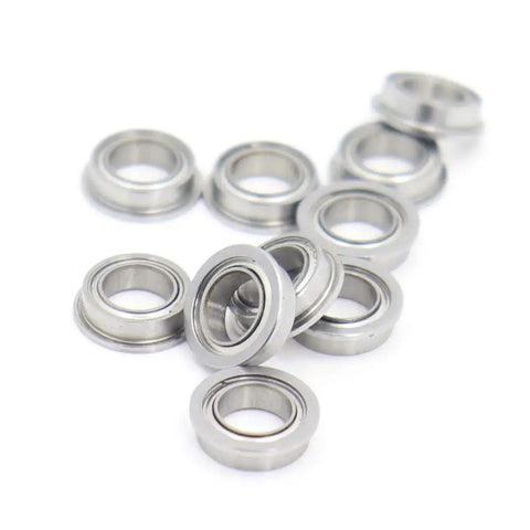 Ten Pack Stainless Steel Flanged Ball Bearings SMF85ZZ Double Shielded Deep Groove Precision Bearings 5x8x2.5mm shown from above.
