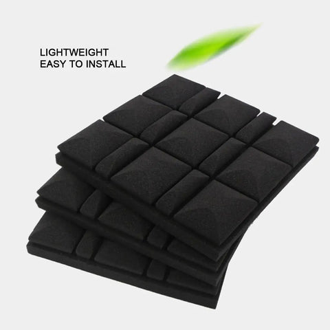 Heavy Duty 10 Pack Soundproof Acoustic Foam Panels 2X12X12 Inch Non Adhesive Wedge Tile Set for home studios, black foam stacked.
