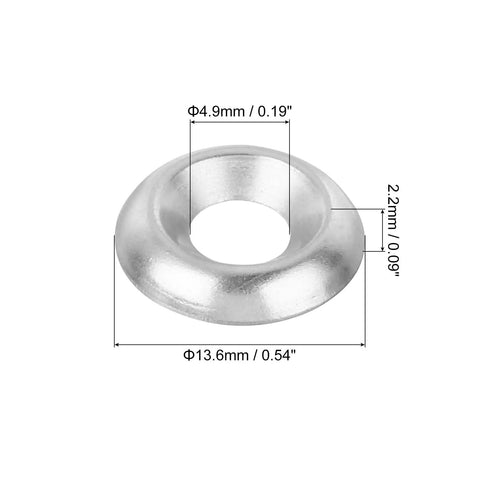 Built Tough Size Eight Countersunk Washers, 100 Pack Nickel Plated Steel Gaskets detailed dimensions of 13.6mm and 4.9mm for precise fitting.