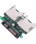 Two Port Dual SD And MMC To SATA RAID Adapter Enclosure with dual slots for flash cards, green circuit board for boot drives.