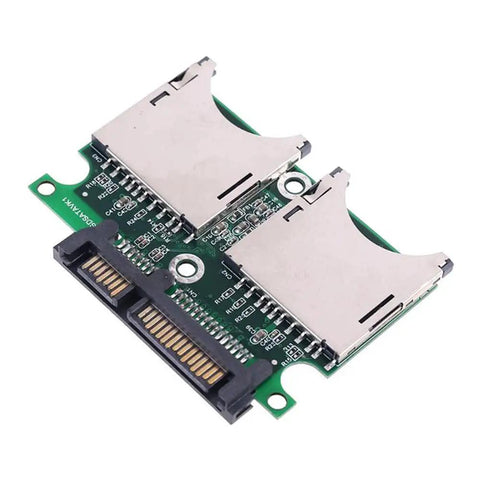 Two Port Dual SD And MMC To SATA RAID Adapter Enclosure with dual slots for flash cards, green circuit board for boot drives.