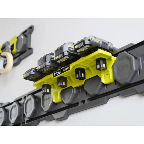 One Plus Tool Holder Modular Storage System with adjustable rotating stem mount, organizing tools on a wall-mounted track.