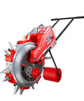 Hand Push Garden Seeder And Seed Sower With Fertilizer Applicator Manual Row Crop Planter, red and silver metallic design.