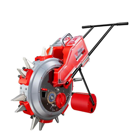 Hand Push Garden Seeder And Seed Sower With Fertilizer Applicator Manual Row Crop Planter, red and silver metallic design.