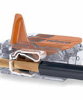 Close-up of Lever Nut 5 Conductor Compact Connectors 221-415 with inserted wire, clear housing, showing copper wire connection