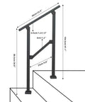Built Like A Brick Carbon Steel Handrail For Outdoor Steps with dimensions, showing heavy duty design and mounting braces.