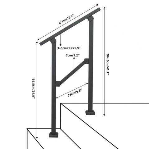 Built Like A Brick Carbon Steel Handrail For Outdoor Steps with dimensions, showing heavy duty design and mounting braces.
