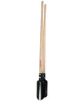 Atlas Pattern Post Hole Digger Workhorse With Wood Handles For Quick Clean Fence Post Holes And Garden Projects Durable Steel Scoop Comfortable Grips Ideal For Yard Work, standing vertically with black steel scoop and natural wood handles.