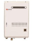 Heavy Duty Outdoor Tankless Water Heater Built Tough With Natural Gas Power To Crank Out Endless Hot Water At A Snappy Six Point Six Gallon Per Minute Flow And One Hundred Forty Thousand Btu Output For Peak High Efficiency Performance Without Hassle mounted on a wall.