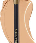 Angled Precision Concealer Brush for Liquid and Cream Concealer shown with beige makeup smear
