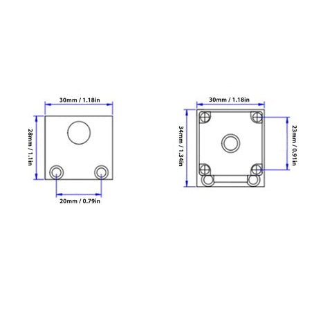 Linear slide stage actuator diagram; front and back views of a 30 mm square body with mounting holes and central bore.