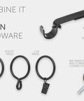 Square Design Curtain Rod Set With Telescoping 72 To 144 Inch Extension One And One Eighth Inch Diameter Black Finish Heavy Duty Drapery Rod With All Mounting Hardware For A No Fuss Install, showing adjustable brackets and rings.