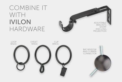 Square Design Curtain Rod Set With Telescoping 72 To 144 Inch Extension One And One Eighth Inch Diameter Black Finish Heavy Duty Drapery Rod With All Mounting Hardware For A No Fuss Install, showing adjustable brackets and rings.
