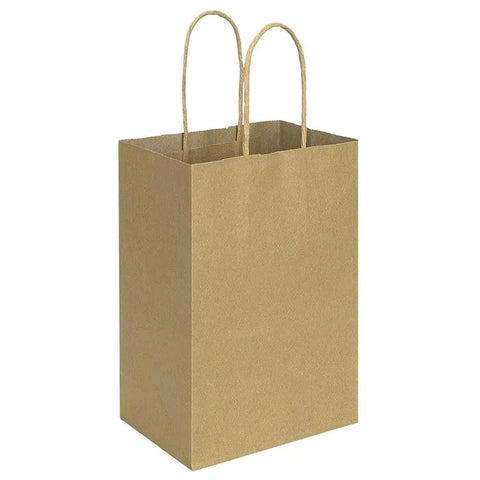 Brown Kraft Paper Bags With Handles 5.25x3.25x8 Inches, 100 Pack Bulk Small Gift Bags For Party Favors Takeout Shopping Grocery Retail Or Craft Projects, Plain Natural 110 GSM