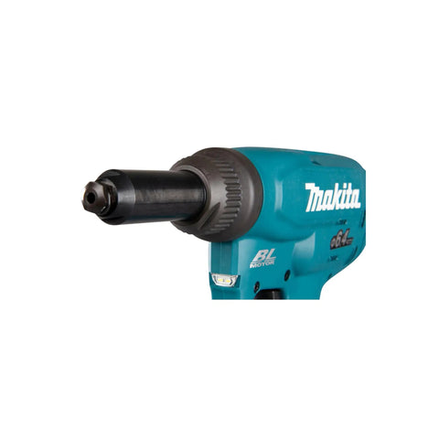 No Nonsense 18V Li Ion Brushless Rivet Gun With Compact Short Body Design For Cramped Workspaces And Knockout Pulling Power Cordless Hand Tool Bare Shell close-up of nosepiece.