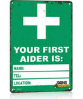 12 By 8 Inch Aluminum First Aider Information Sign Built To Last With Crisp Print, featuring green background and white cross icon.