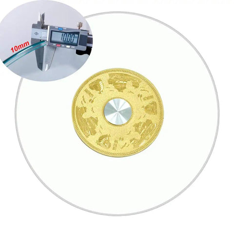 Large Tempered Glass Turntable With Silent Ball Bearing And Thickened 10mm Base, 360 Degree Rotating Tray shown with caliper measurement