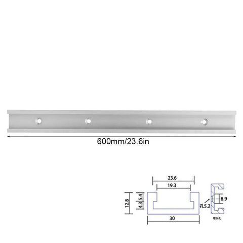 Aluminum T Slot Miter Track Jig With Pro Grade Precision Sliding Mechanism showing dimensions and multiple mount holes