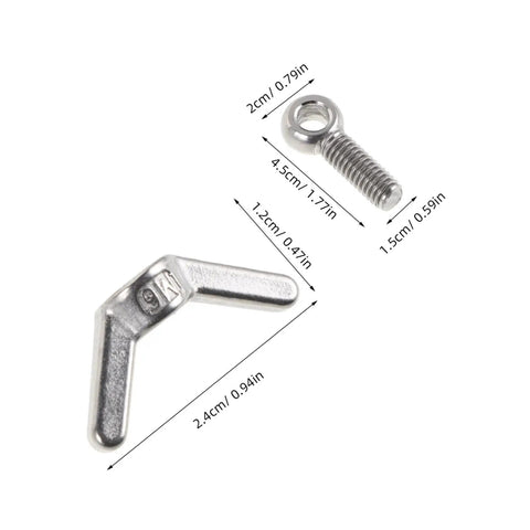 Six Piece Stainless Flange Bolt Fasteners Kit With Hole Hand Tightened Wing Screws dimensions shown