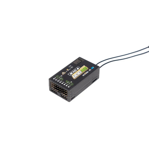 Archer Plus R10 Receiver with ten configurable ports and dual detachable antennas, black box telemetry visible, on white background.