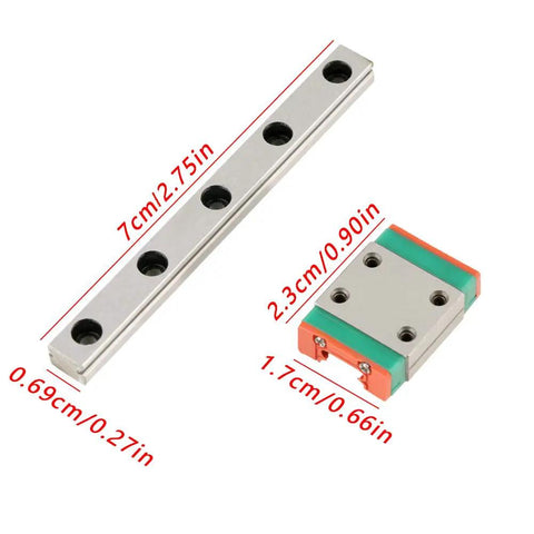 LML7B Miniature Linear Rail Guide 7mm Width with Slide Block for 3D Printer and CNC Machine 70mm Travel, shown with measurements.
