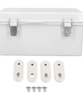 Weatherproof ABS Electrical Enclosure 190x290x140mm Outdoor Junction Box With Stainless Steel Latch, shown with mounting brackets and screws