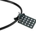 Rectangular perforated metal roof clip with a cable loop securing a black de-icing cable.