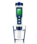 5 In 1 Water Tester With 0.01 High Accuracy PH TDS EC Salt And Temp Meter For Drinking Water Hydroponics Plants Aquarium And Pool No Fuss Easy To Use And Calibrate shown in a glass of water.