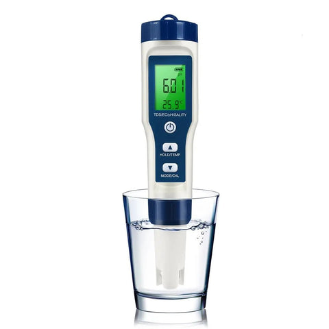 5 In 1 Water Tester With 0.01 High Accuracy PH TDS EC Salt And Temp Meter For Drinking Water Hydroponics Plants Aquarium And Pool No Fuss Easy To Use And Calibrate shown in a glass of water.