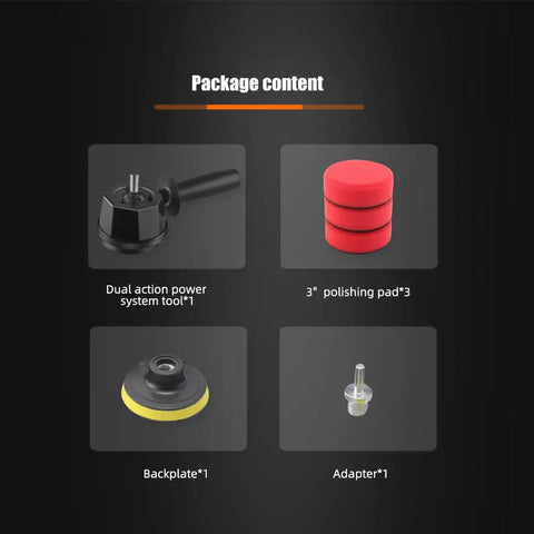 Package contents of Forced Dual Action Polisher Adapter Kit With Three Polishing Pads For Cordless Drill For Car Polishing Buffing.