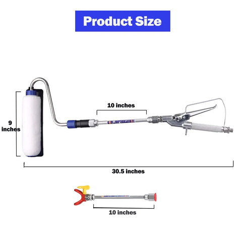 Inner Feed Airless Paint Sprayer Gun Attachment Kit With 10 Inch Roller Extension, dimensions shown for Titan Graco sprayers.